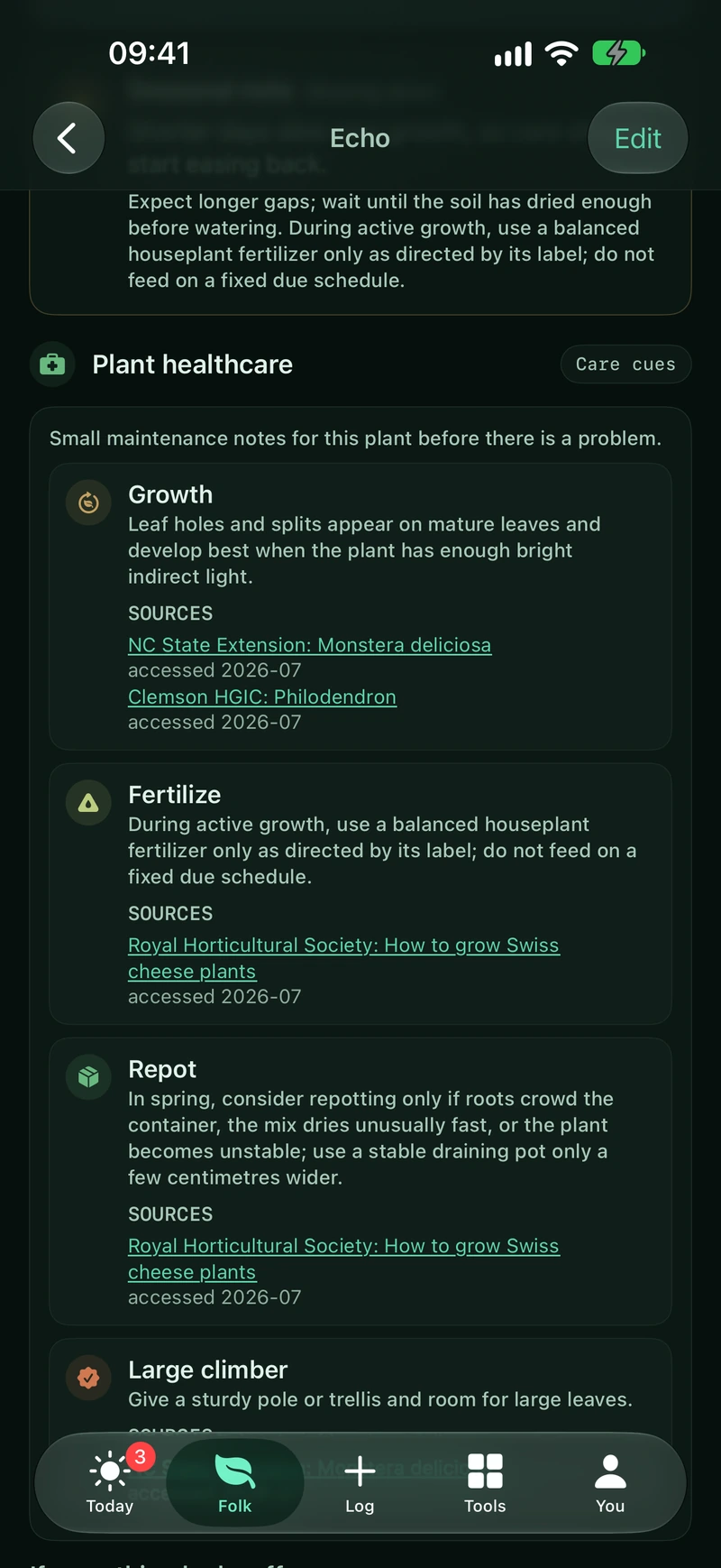 Tendlet’s plant care guidance, with links to sources for growth, fertilizing and repotting