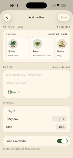 Add custom routine with schedule and reminder toggle