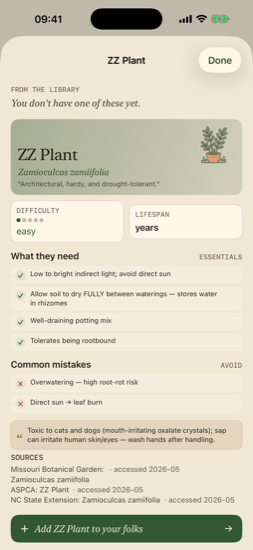ZZ Plant library profile with care essentials, common mistakes, and cited sources
