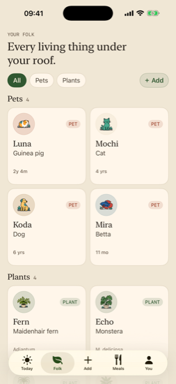 Tendlet folk grid with pets and plants
