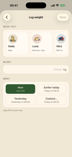 Pet weight logging with quick when options