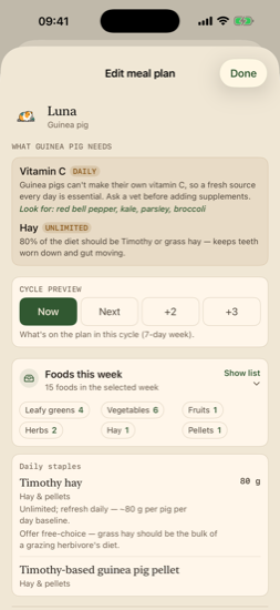 Meal plan editor with species nutrition needs and weekly food list
