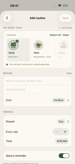 Current custom routine setup for Echo with schedule and reminder toggle
