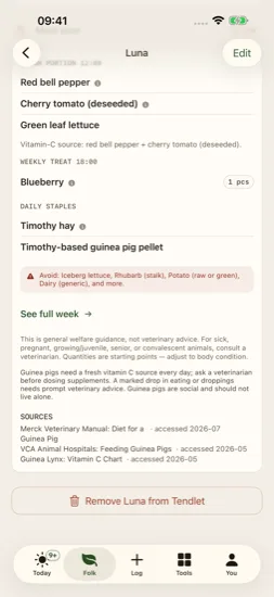 Luna's current guinea pig meal plan with foods, cautions, and sources