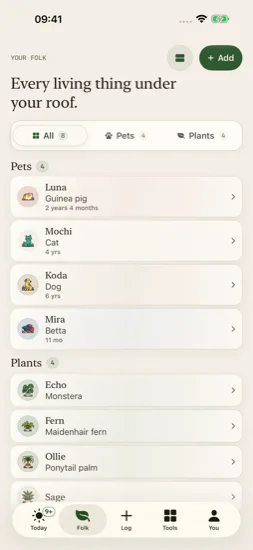 Current Tendlet folk list with the demo household's pets and plants