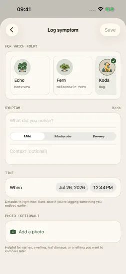 Current symptom log for Koda with severity, back-dating, and an optional photo