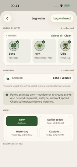 Current water log with all four demo plants selected