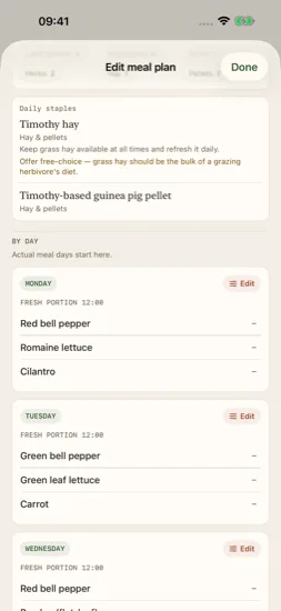 Current day-by-day meal cards with varied foods across the week