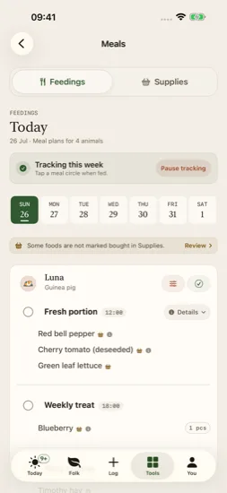 Current seven-day feeding cycle with Luna's fresh portion and weekly treat