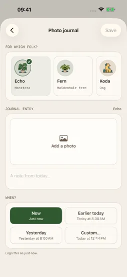 Current photo journal entry for Echo with photo, note, and time