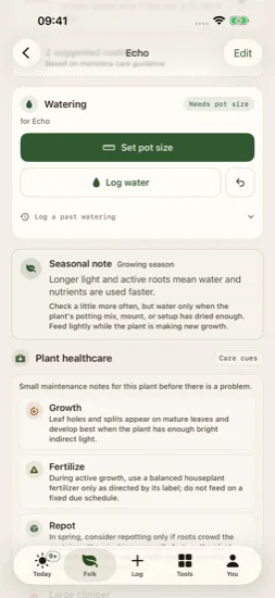 Current plant toolkit with watering, pot setup, seasonal guidance, and health cues