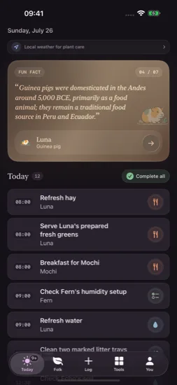 Current Today screen in the Heather palette, dark mode