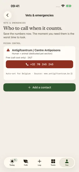 Current Vets and emergencies screen with Belgium's country-aware poison response contact