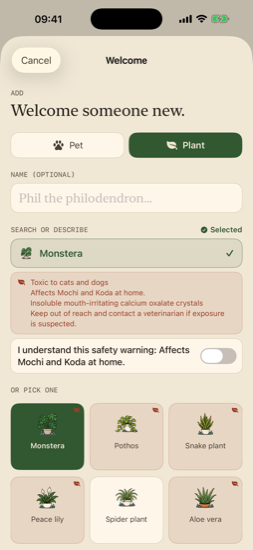 Adding a Monstera warns it is toxic to the cats and dogs in this household