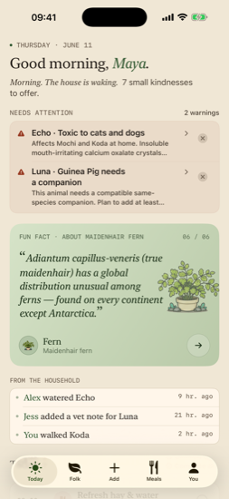 Tendlet Today screen with warnings, fun fact, and household activity